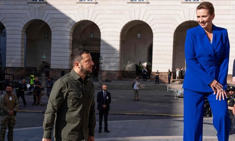 Volodymyr Zelenskiy is greeted by Danish prime minister, Mette Frederiksen, in front of the Danish parliament in Copenhagen, Denmark on 21 August 2023.