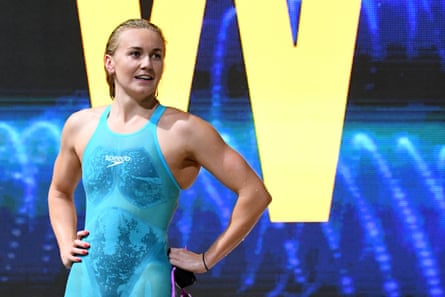 Ariarne Titmus reacts after winning the final of the women’s 200m freestyle at the Australian swim trials.