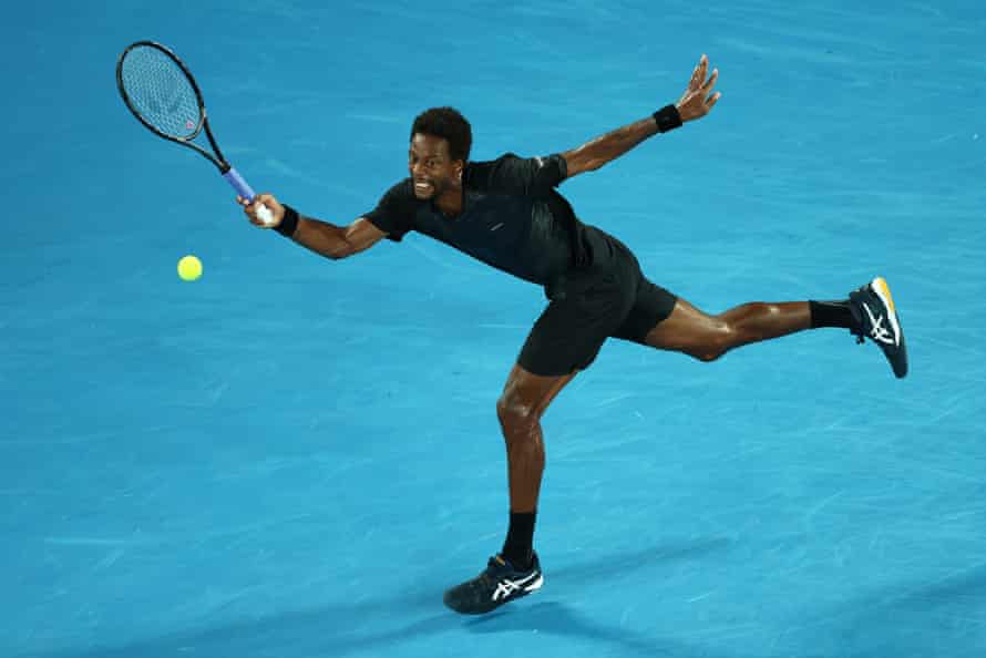 Gael Monfils of France plays a forehand.