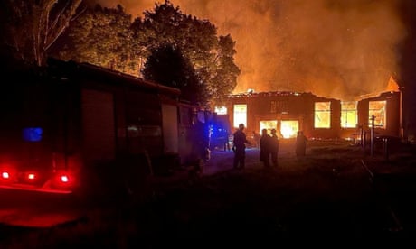 Smoke and flames rise after Ukrainian president Volodymyr Zelenskiy said a Russian-guided aerial bomb hit a blood transfusion centre in the Kharkiv region.