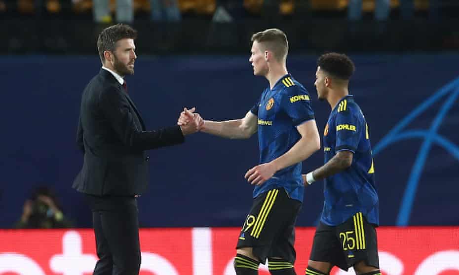 Michael Carrick celebrates with Scott McTominay and goalscorer Jadon Sancho after Manchester United’s 2-0 win at Villarreal