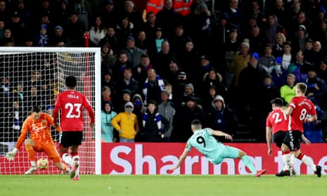Neal Maupay of Brighton &amp; Hove Albion sees his shot saved by Alex McCarthy of Southampton.