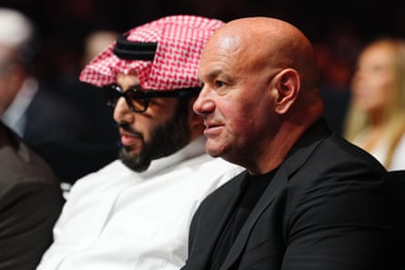 Dana White watches the undercard of last year’s Canelo v Crawford card alongside Turki al-Sheikh.