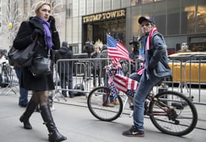 Trump supporter Carlos Aciar, who is originally from Argentina and now lives in Manhattan decorated his bike with American flags to celebrate outside Trump Tower