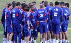 France’s captain Patrice Evra with his team-mates after a clash with the coach Raymond Domenech during the 2010 World Cup.
