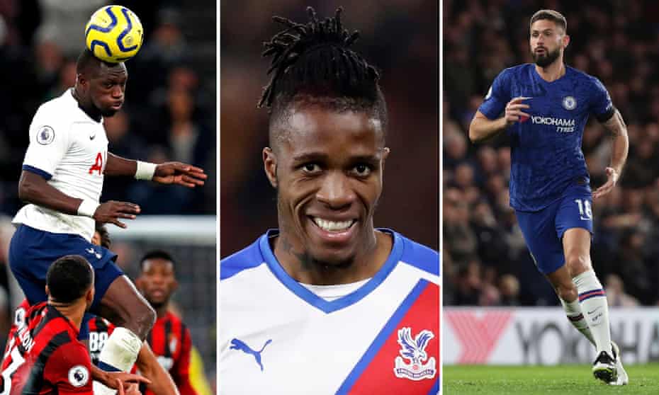 Moussa Sissoko of Tottenham; Wilfried Zaha of Crystal Palace; Oliver Giroud of Chelsea.