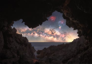 Galaxy on the Rise as photographed from a cave. Composing and shooting the panoramic foreground required careful positioning, while properly illuminating the upper section of the cave was particularly difficult. To manage this, I used focus stacking across different planes, including the upper edge, the horizon, and the lower foreground, all in near-total darkness, where the brief blue hour offered little assistance
