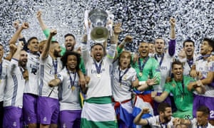 Sergio Ramos raises the Champions League trophy after Real Madrid beat Juventus last season.