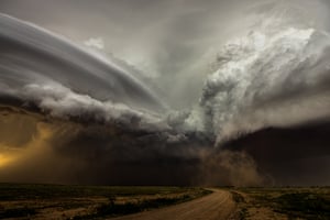 Clash of the storms, New Mexico by Camelia Czuchnick. "A clash between two storm cells in New Mexico, US, each with its own rotating updraft. The curved striations of the oldest noticeable against the new bubbling convection of the newer. It was a fantastic sight to watch and it’s the rarity of such scenes that keep drawing me back to the US Plains each year."