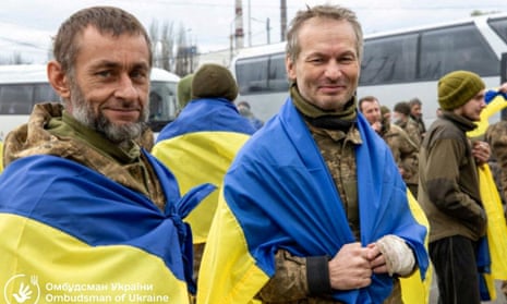 Ukrainian prisoners of war after the reported exchange at an unknown location in Ukraine