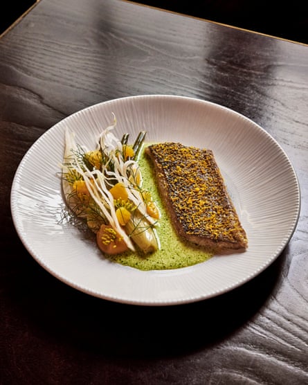 The Greyhound’s ‘gorgeously crisp-skinned’ oversea bass pinch ‘a silky rotation connected beurre blanc’.