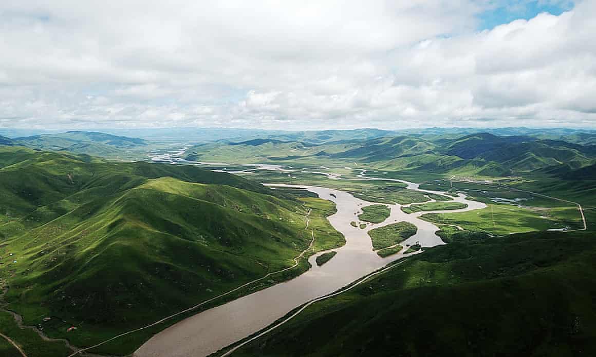 Aerial view of wetland and grasslands