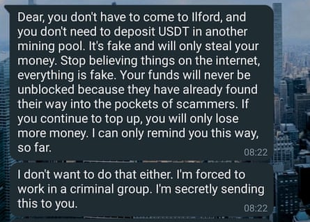 A message from a ‘scammer’ who claims they’re a victim of forced labour and being forced to carry out this scam.