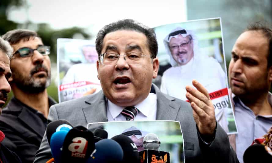 Ayman Nour speaks to the media on the disappearance of Jamal Khashoggi in 2018.