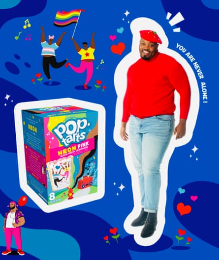 image shows box of pop tarts with man in bright red shirt next to it. the words ‘you are never alone’ are next to him. illustrations of people dance in the background