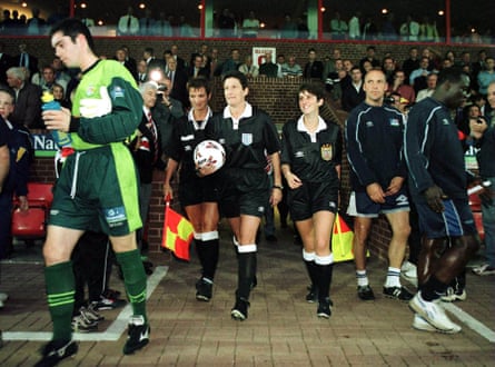 L-R: Janie Frampton, Wendy Toms and Amy Rayner make up the first all-female officiating team during the match between Kidderminster and Nuneaton in the Conference in 1999.