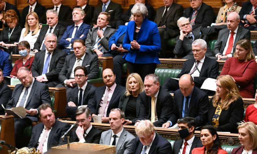 The former prime minister Theresa May challenges Boris Johnson on the findings of the Gray report in the House of Commons.
