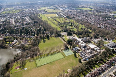 An aerial view of the park and gardens surrounding North London Collegiate school in Harrow, London