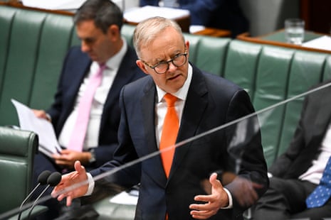 Anthony Albanese speaks during question time today.