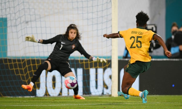 Princess Ibini-Isei puts Australia in front against Portugal at the Estadio Antonio Coimbra da Mota in Estoril.