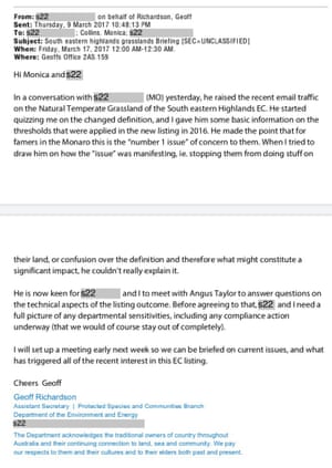 Screengrab of documents supplied to Guardian Australia from the FOI regarding the critically endangered grassland species in the Monaro region on NSW.