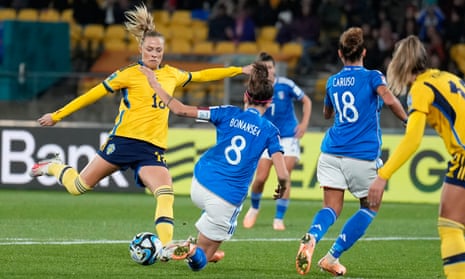 Sweden's Fridolina Rolfo attempts a shot that is blocked during the Women's World Cup group game between Sweden and Italy in Wellington, New Zealand.