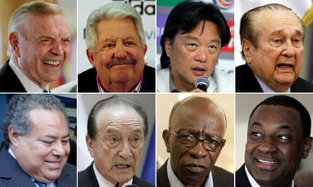 L-R: (top row) Former President of the Brazilian Football Confederation Jose Maria Marin, President of the Venezuelan Football Federation Rafael Esquivel, President of Costa Rica Football Federation Eduardo Li, former President of South American Football Confederation Nicolas Leoz, (bottom row) former President of the Nicaraguan Football Federation Julio Rocha, former Acting President of South American Football Confederation Eugenio Figueredo, former FIFA Executive member Jack Warner, and President of Confederation of North, Central America and Caribbean Association Football Jeffery Webb.