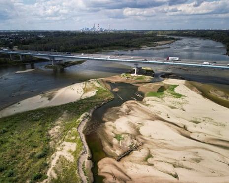 A drone view of the Vistula river with its lowest water level ever recorded in Warsaw due to hydrological drought and a heatwave, in Warsaw, Poland.