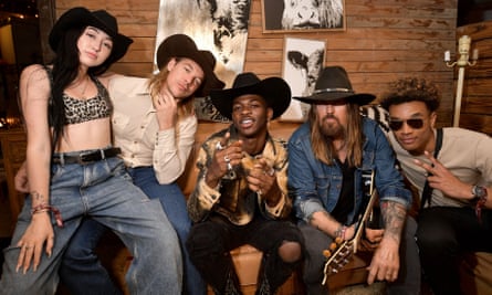 Lil Nas X with Noah Cyrus, Diplo, Billy Ray Cyrus and YoungKio at the Stagecoach festival in California in April 2019