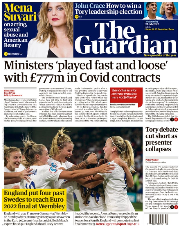 Guardian front page, 27 July 2022