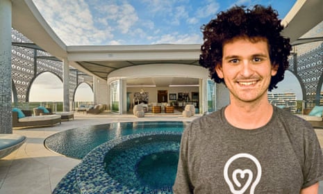 Composite image of Sam Bankman-Fried in front of the stunning rooftop terrace of a large penthouse with an elaborate multi-level swimming pool surrounded by loungers