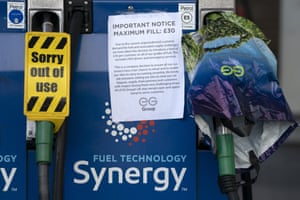 Closed pumps on the forecourt of a petrol station in Manchester today. EG Group announced a £30 limit on fuel purchases on Friday night, to give more people a chance to refuel.
