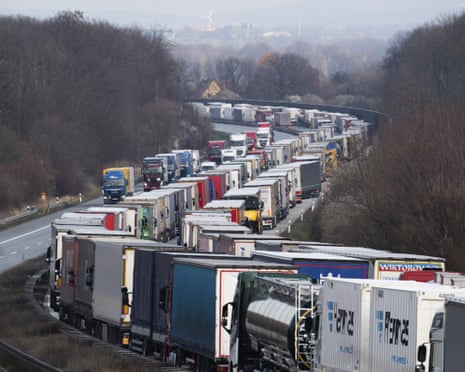 Trucks in a jam on the A4 motorway near Bautzen, Germany, in March 2020