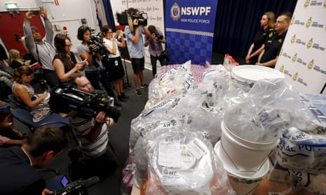 A quantity of liquid methamphetamine is put on display by Australian border force officers at a press conference, which they claimed was worth more than $1bn. 