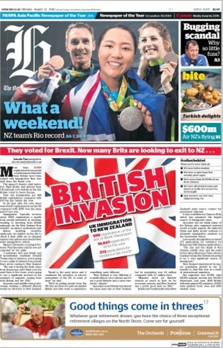 The New Zealand Herald’s front page, leading on its story about a ‘British invasion’