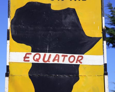 Poster of Kenya shown in black against a yellow background with a sign marking ‘Equator’ in red on a white background