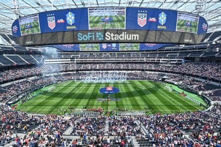 A general view of pregame ceremonies at SoFi Stadium before a friendly match between the US men’s national team and Brazil in April.