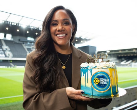 Football Focus presenter Alex Scott celebrates her birthday with a cake in 2022