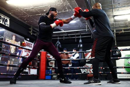 Chris Eubank Jr takes part in a training session with Roy Jones Jr at Brighton & Hove Boxing Gym