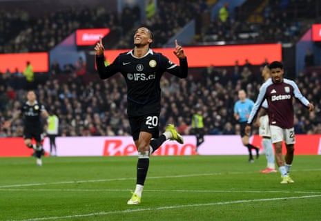 Chelsea’s Joao Pedro celebrates scoring their fourth goal to complete his hat-trick at Aston Villa.