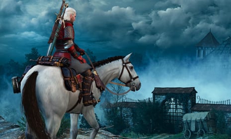 Geralt, Witcher 3 's main protagonist, on a white horse with dark clouds in the background