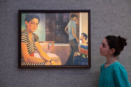 Woman stands by painting of woman sitting and looking down in foreground while two men look at each other in background