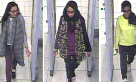 Kadiza Sultana,16, Shamima Begum,15, and Amira, 15, going through security at Gatwick airport in 2015.