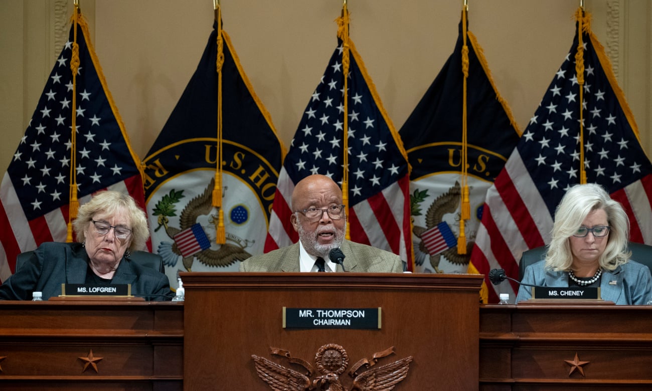 Zoe Lofgren, left, sits alongside the chairman, Bennie Thompson, and Liz Cheney on the House select committee investigating the January 6, 2021 attack on the US Capitol.