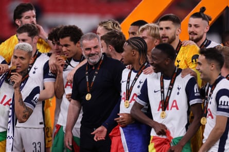 Ange Postecoglou celebrates winning the Europa League with Tottenham Hotspur