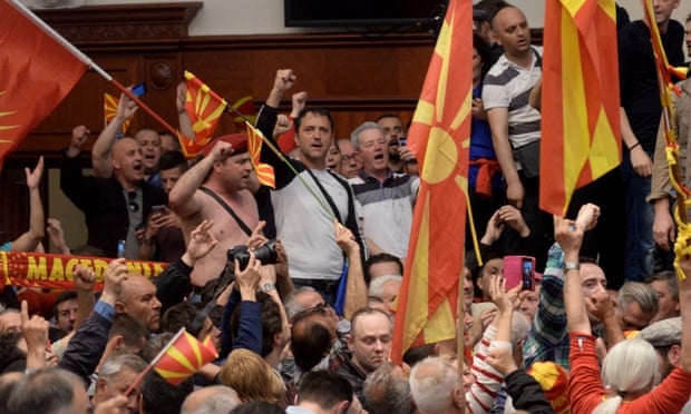 Nationalist protesters in the Macedonian parliament in April.