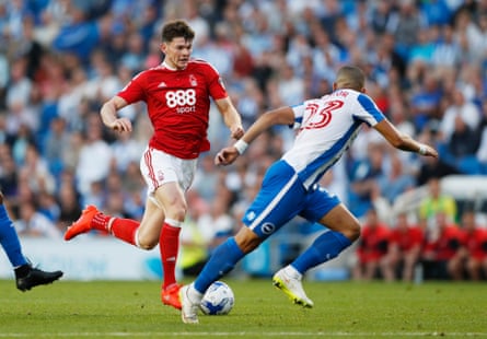 Oliver Burke runs at the  Brighton & Hove Albion defence earlier this season