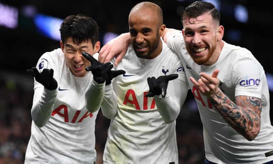 Son Heung-min, Lucas Moura and Pierre-Emile Højbjerg celebrate after Son scored Tottenham’s third