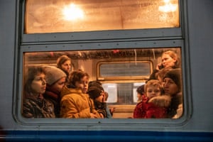 Children on a train bound for Przemysl, in Poland, from Lviv