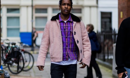 A$AP Rocky in ‘teddy bear’ jacket and purple plaid jacket at the JW Anderson show